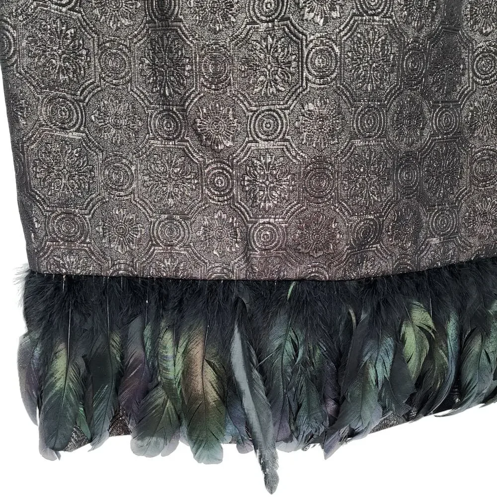 Badgley Mischka Feather Hem Cocktail Dress 10 Metallic Brocade Sleeveless Black - Picture 6 of 11